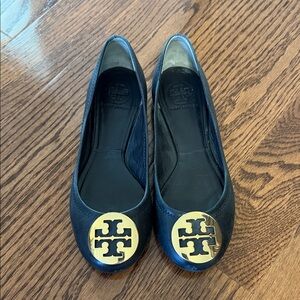 Tory Burch Reva Black Flats with Gold Logo